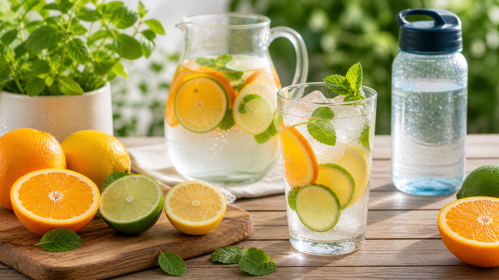 Reusable water bottle with citrus water, ice, mint, and fresh fruit on a summer table