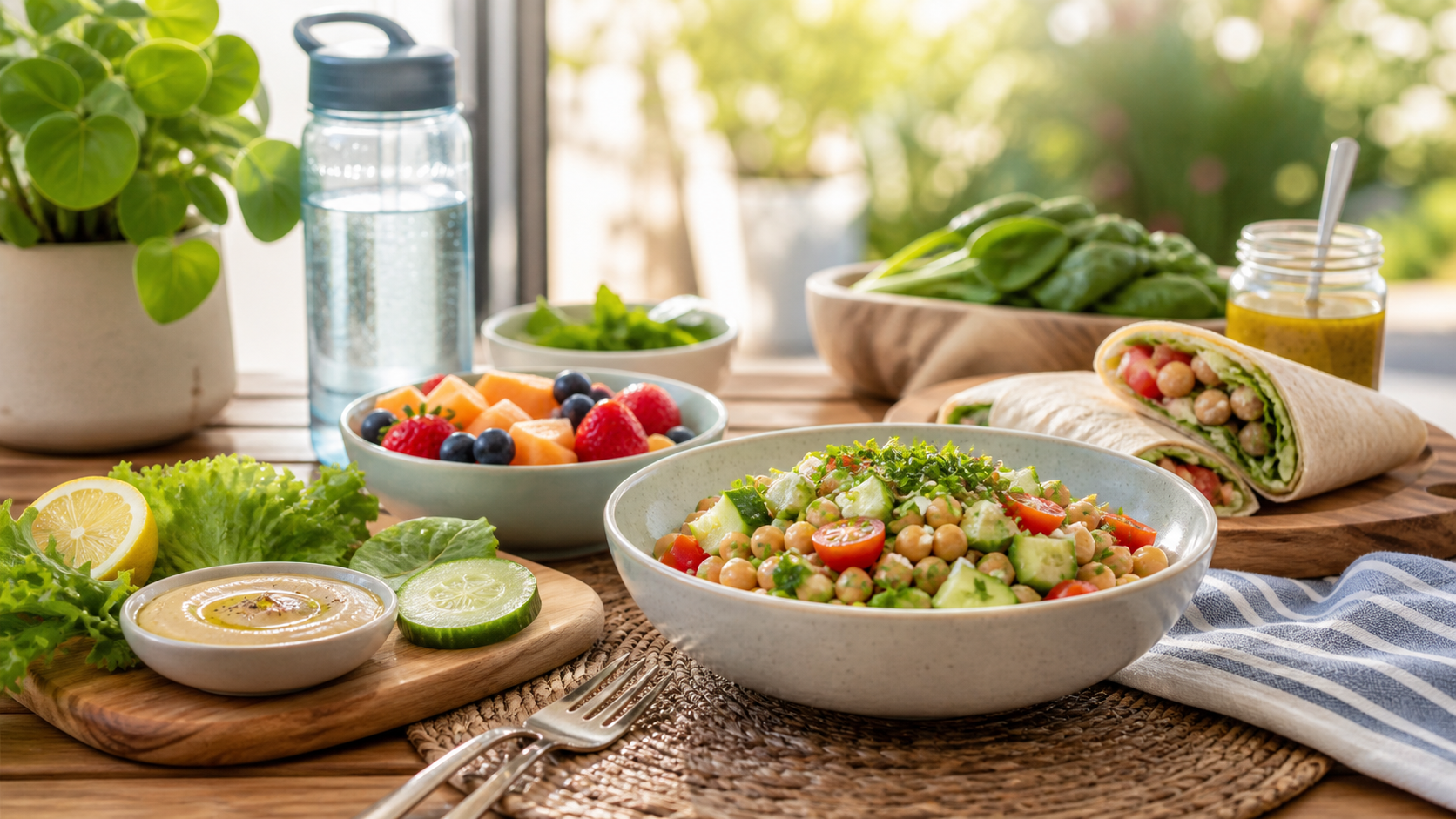 No-cook summer meal spread with cucumber chickpea bowl, wrap, fruit, and water bottle