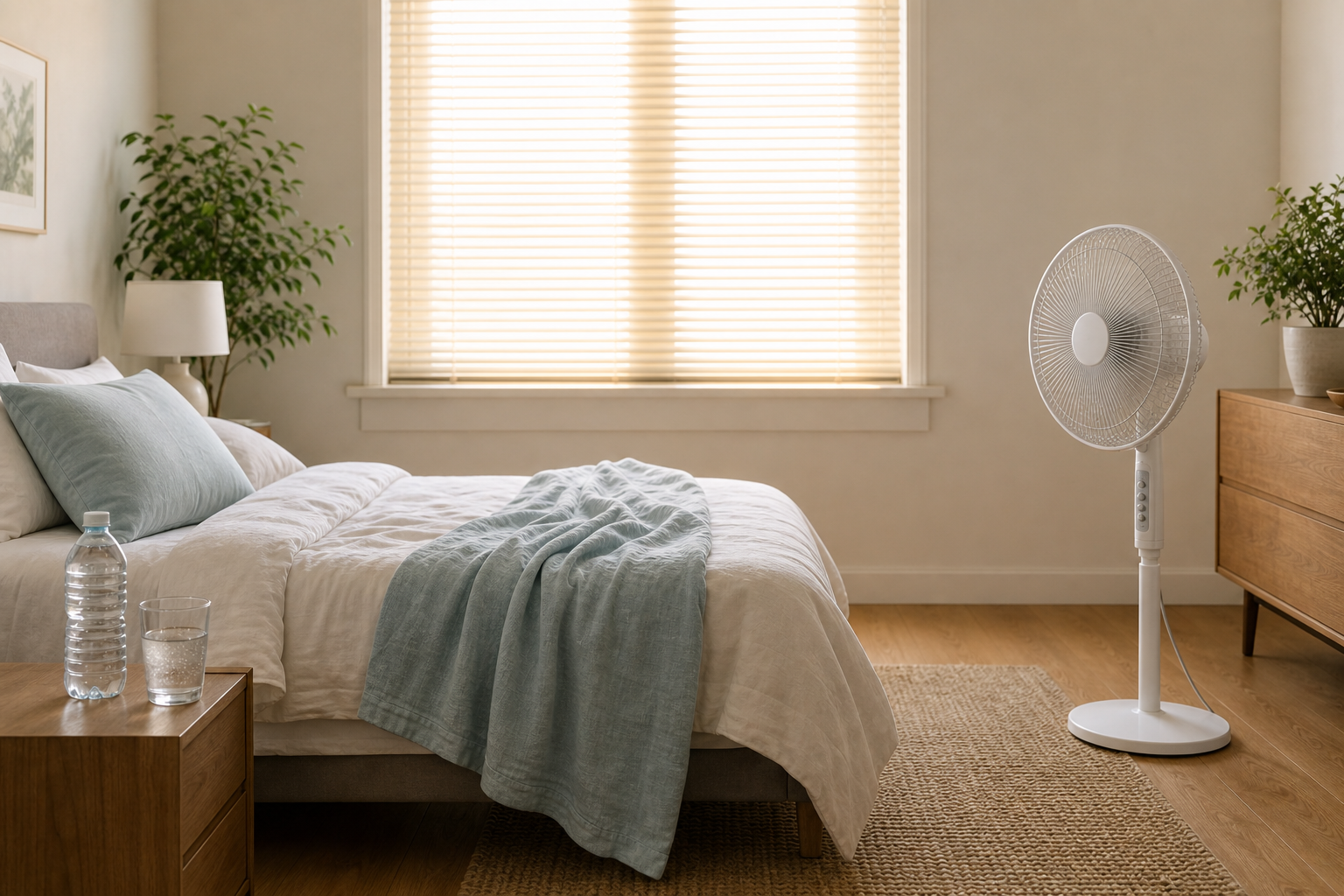 Light summer bedroom with closed blinds, fan placed away from the bed, and water nearby
